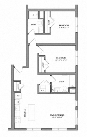 Floor plan for 2 beds, 2 baths, 995 sqft